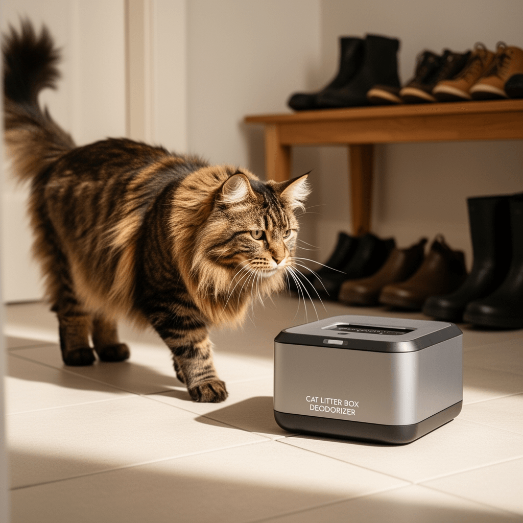 anew CAT LITTER BOX DEODORIZER with cat - professional product lifestyle photo