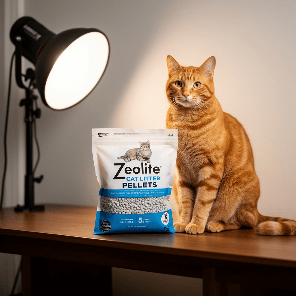 Zeolite Cat Litter Pellets 5 LBs with cat - professional product lifestyle photo