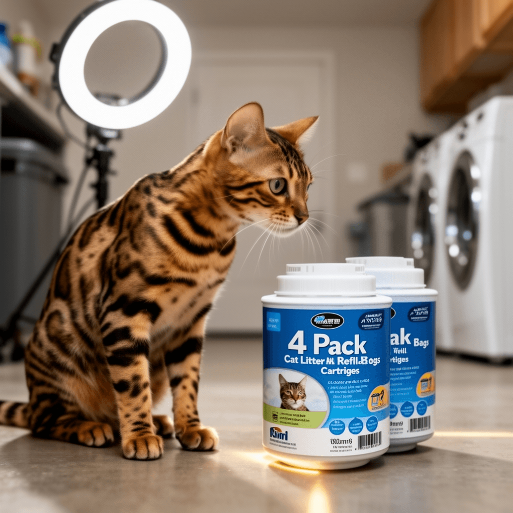 4 Pack Cat Litter Refill Bags Cartridges with cat - professional product lifestyle photo