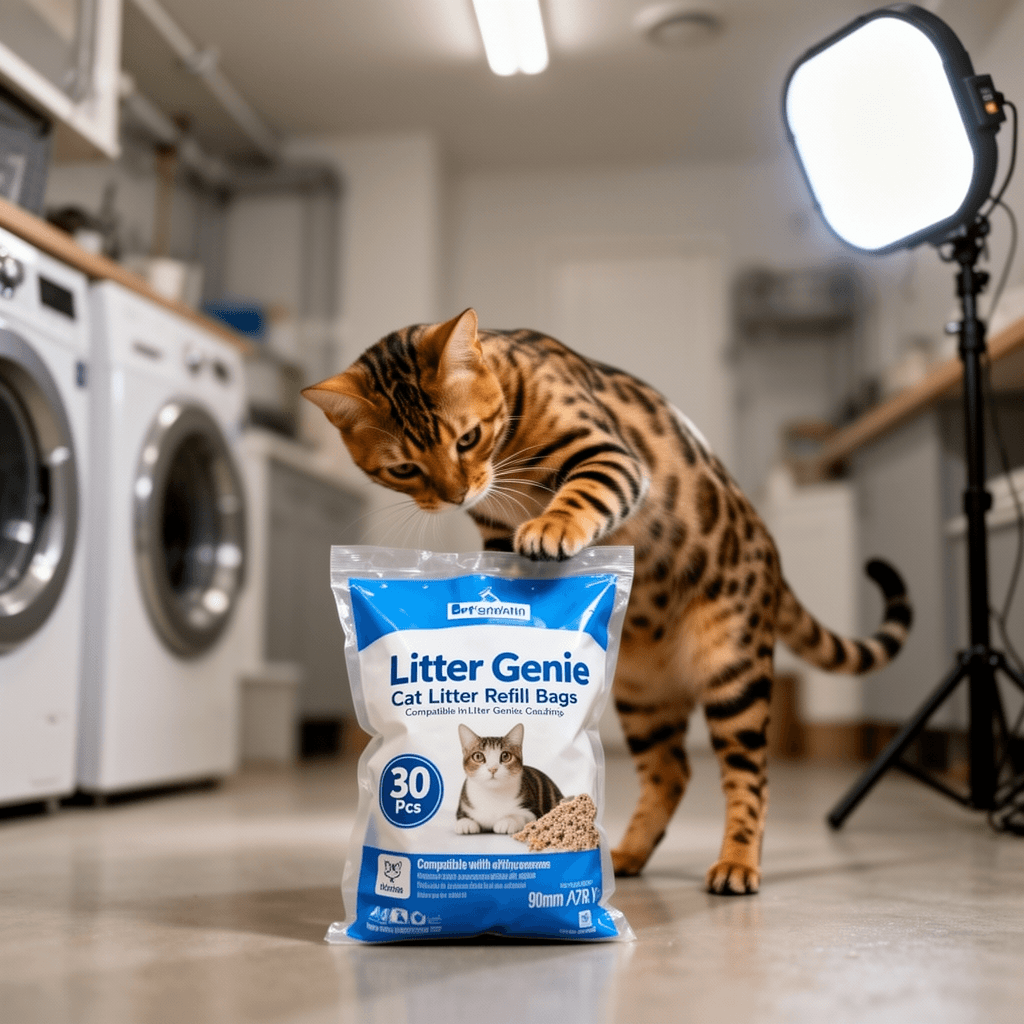 30 Pcs Cat Litter Refill Bags Compatible with Litter Genie with cat - professional product lifestyle photo