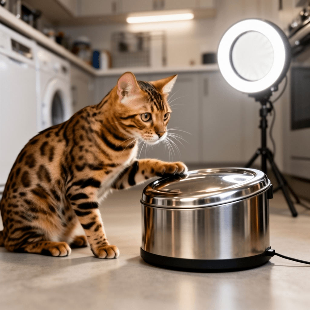 Enclosed Stainless Steel Cat Litter Box with Lid with cat - professional product lifestyle photo