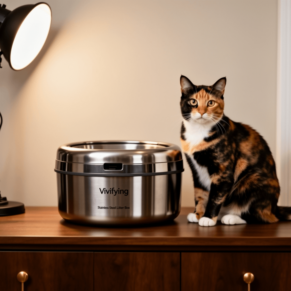 Vivifying Stainless Steel Litter Box with cat - professional product lifestyle photo