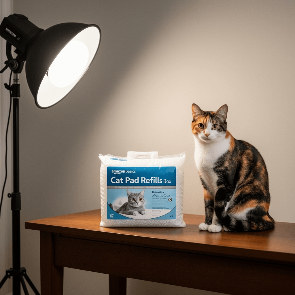 Amazon Basics Cat Pad Refills for Litter Box with cat - professional product lifestyle photo