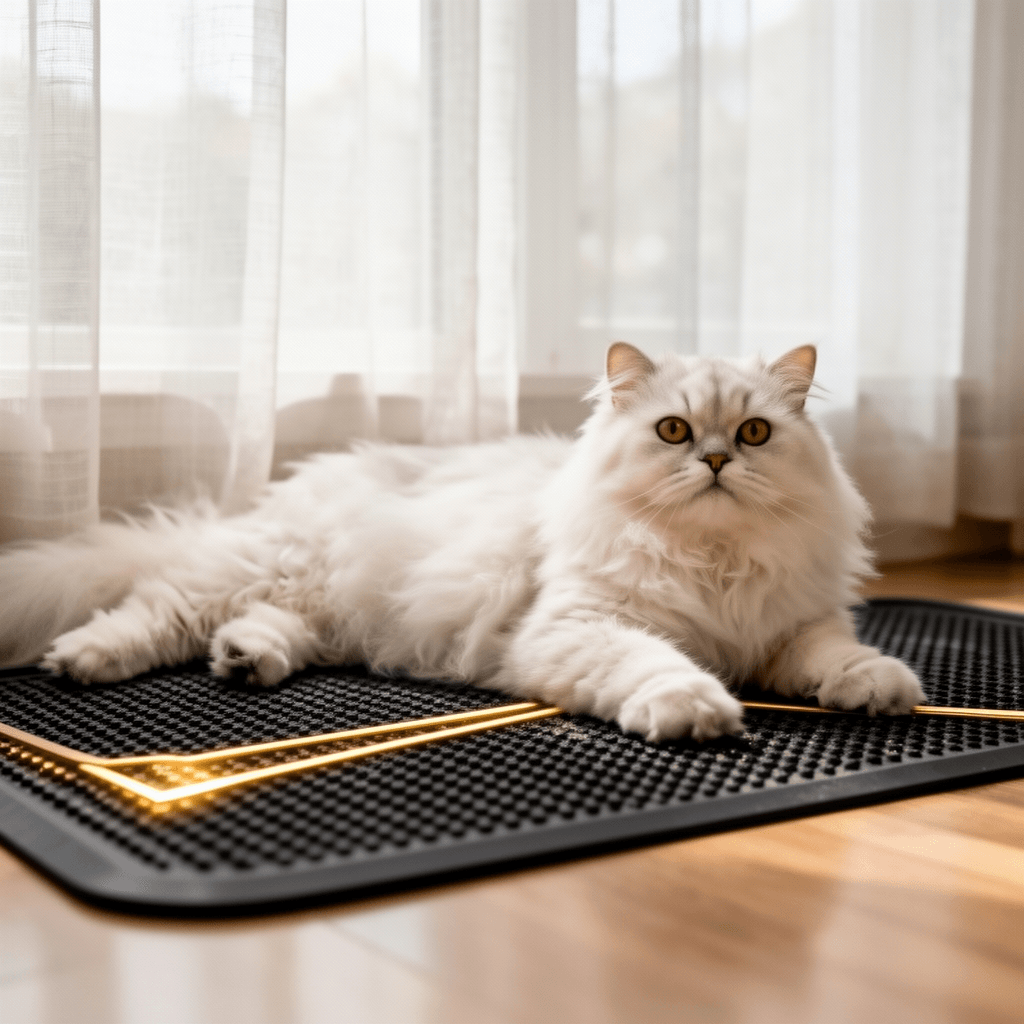 Amazon Basics Less-Mess Litter Trapping Cat Litter Box Mat with cat - professional product lifestyle photo