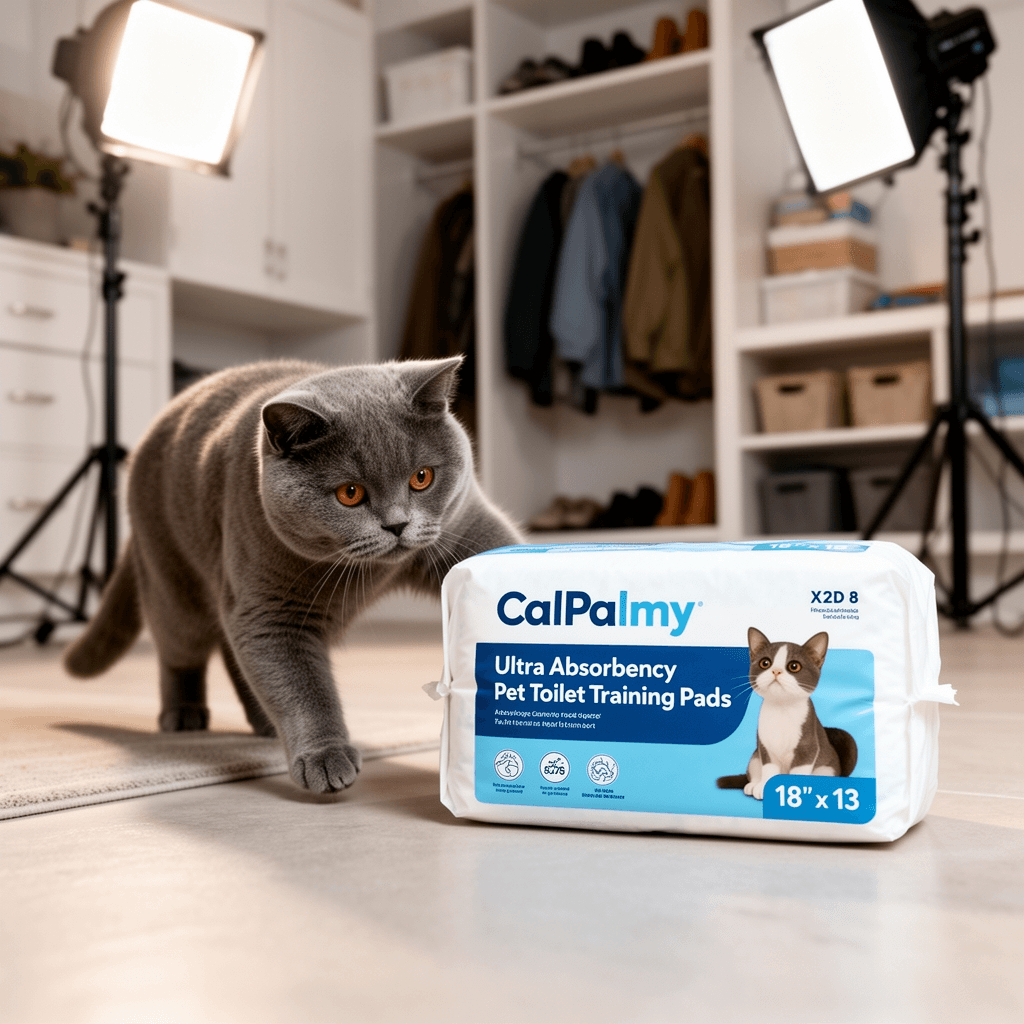 CalPalmy Ultra Absorbency Pet Toilet Training Pads 18" x 13 with cat - professional product lifestyle photo