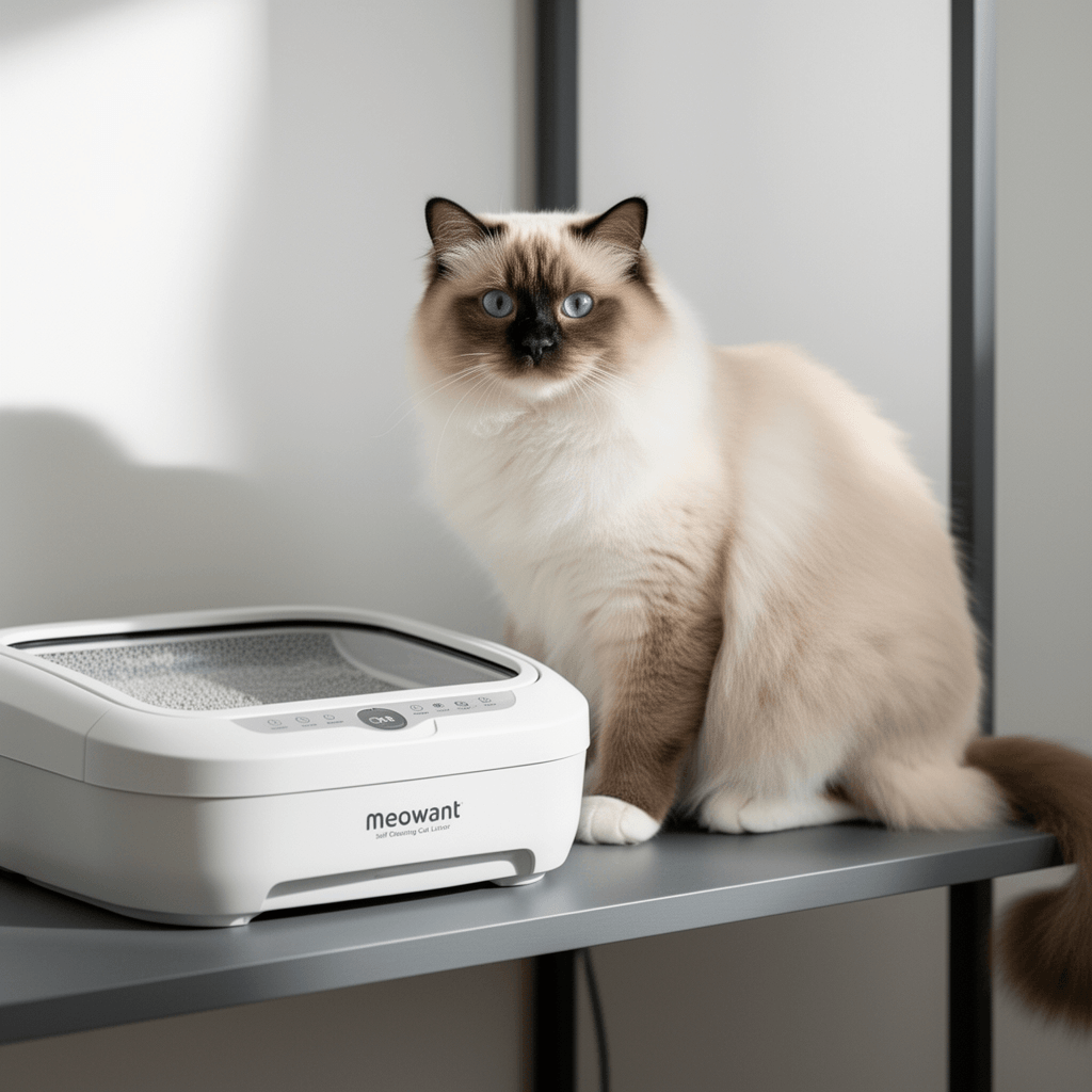 Meowant Self Cleaning Cat Litter Box - Open-Top Automatic with cat - professional product lifestyle photo