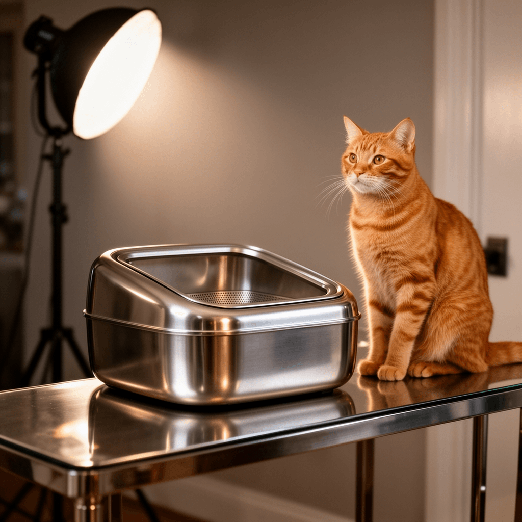 23.6''x15.7''x6'' Stainless Steel Sifting Litter Box with cat - professional product lifestyle photo
