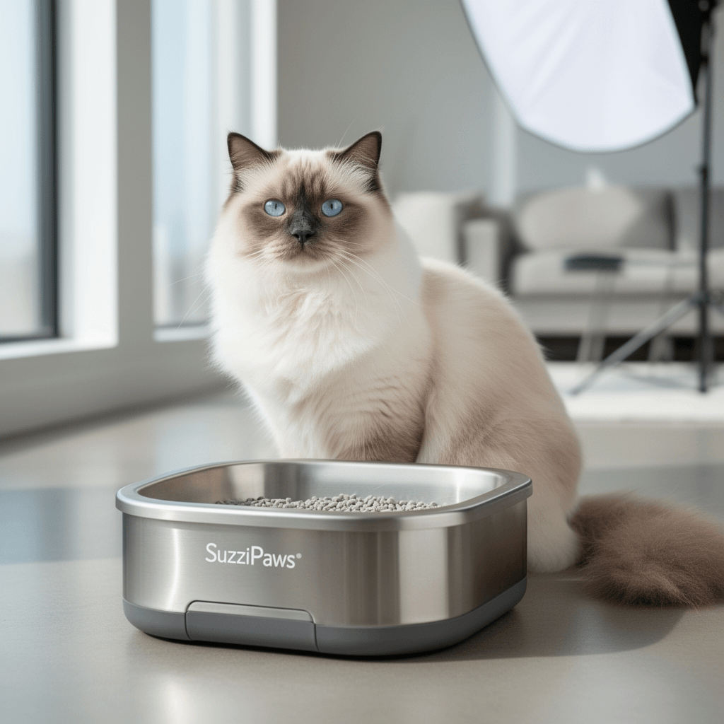 23.6”x15.7”x6” SuzziPaws Stainless Steel Cat Litter Box with a cat - professional product lifestyle photo