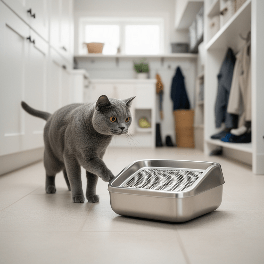 23.5" x 15.7" x 8" Stainless Steel Sifting Litter Box for with cat - professional product lifestyle photo