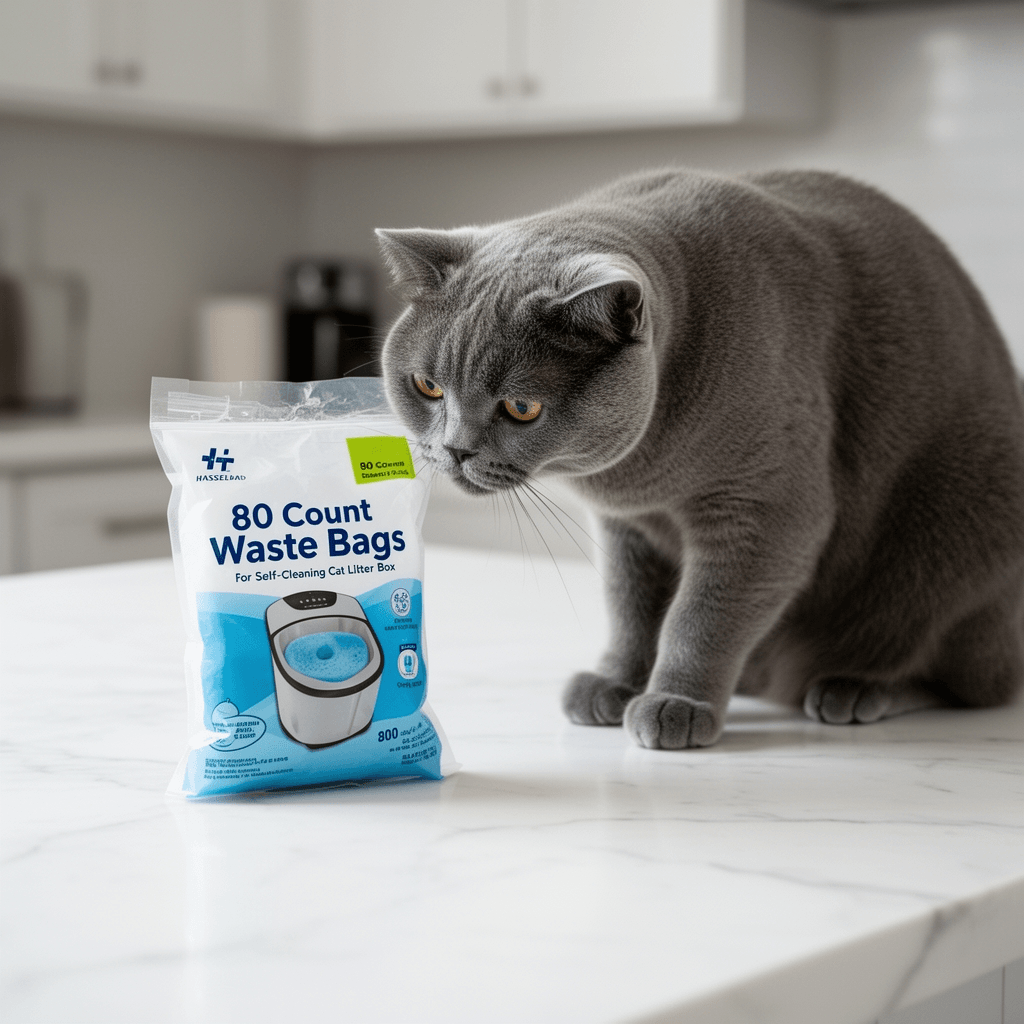 80 Count Waste Bags for Self-Cleaning Cat Litter Box with cat - professional product lifestyle photo