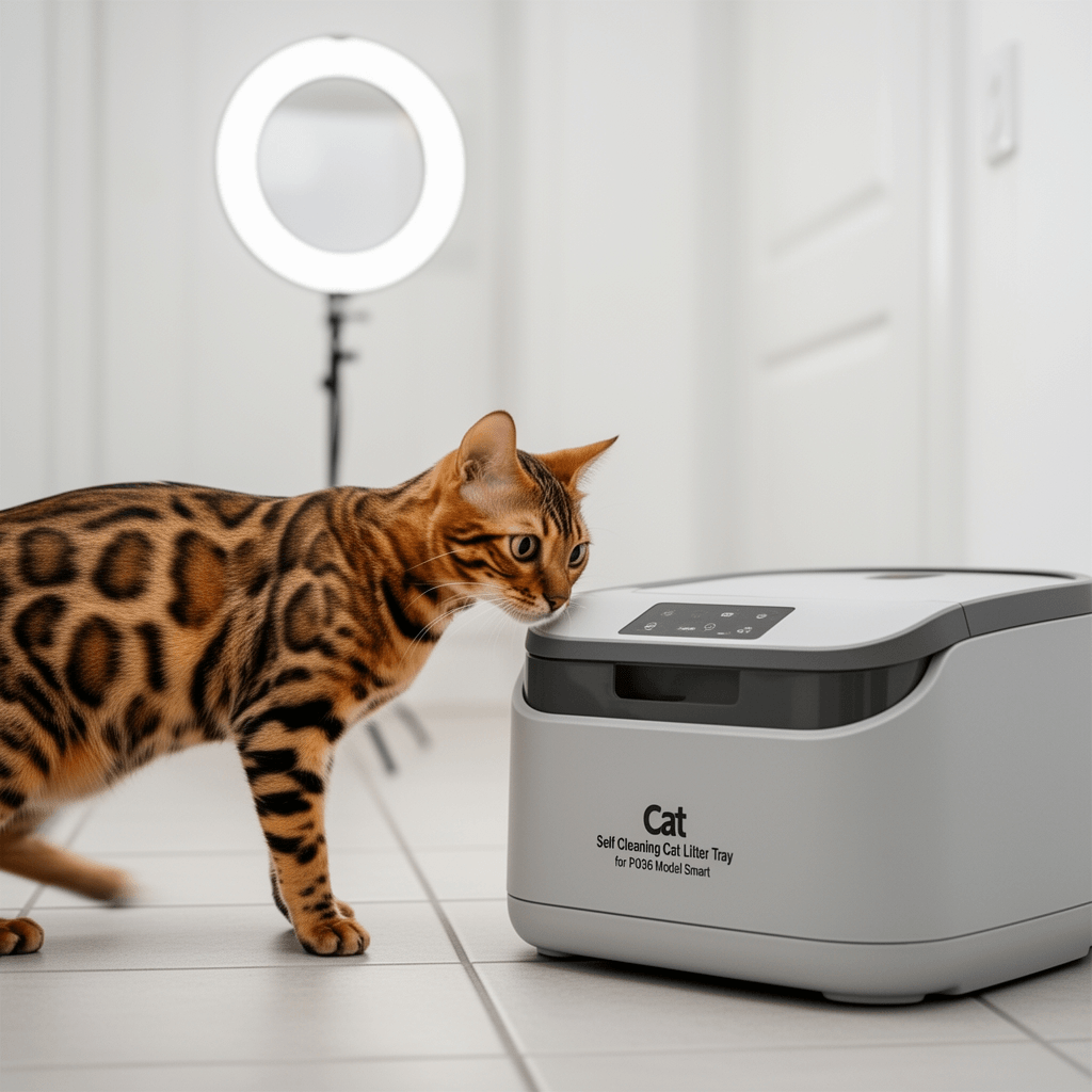 Cat Self Cleaning Cat Litter Tray for PJ036 Model Smart with cat - professional product lifestyle photo