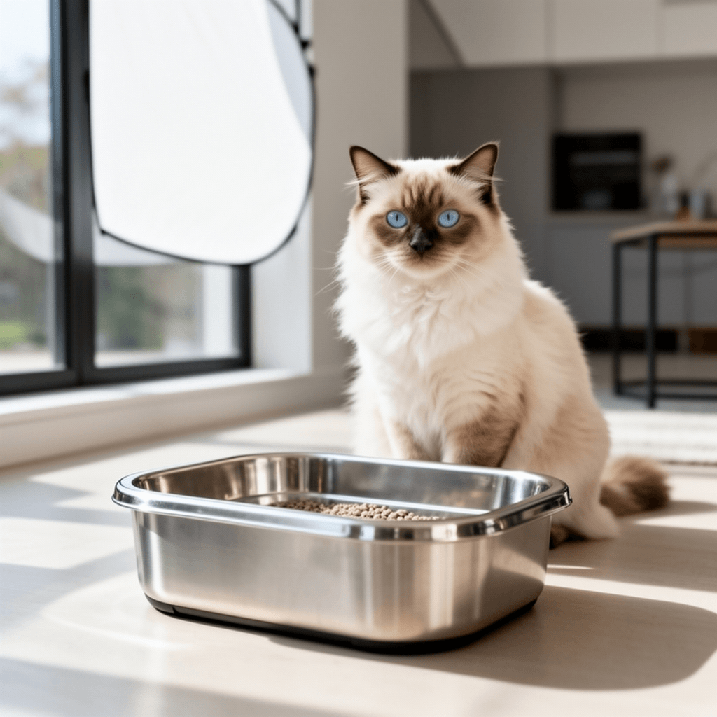 16'' High Sides XXXL All Stainless Steel Cat Litter Box with with cat - professional product lifestyle photo