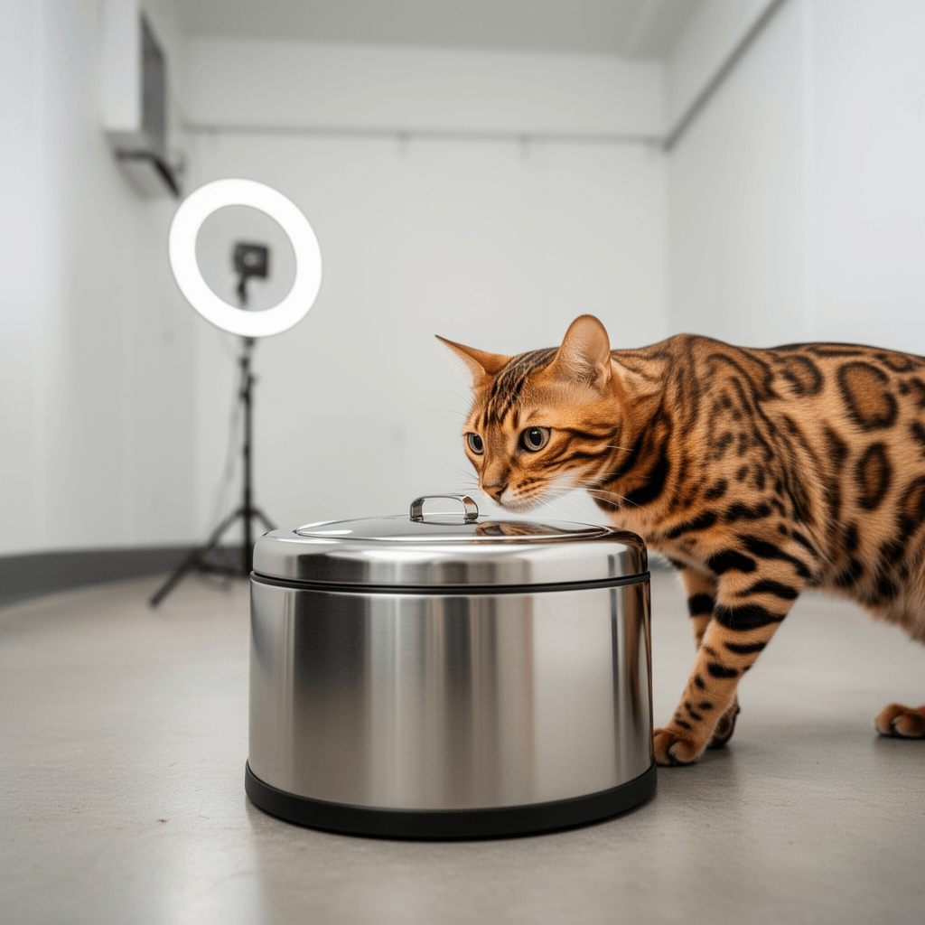 Stainless Steel Cat Litter Box with Lid with cat - professional product lifestyle photo