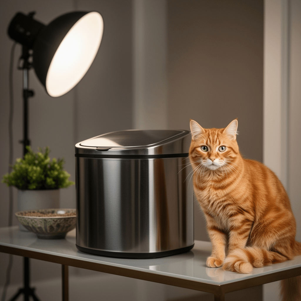 135° Flip-Top Stainless Steel Litter Box with Lid with cat - professional product lifestyle photo