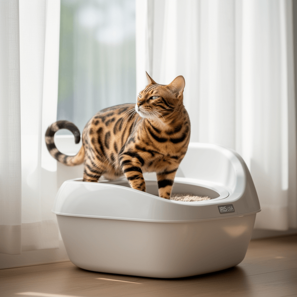 IRIS USA Cat Litter Box with cat - professional product lifestyle photo