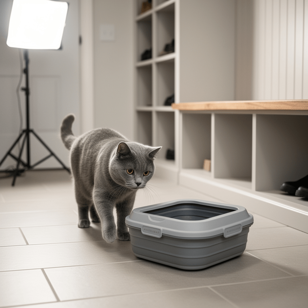 Collapsible Portable Cat Litter Box Standard for Travel with cat - professional product lifestyle photo
