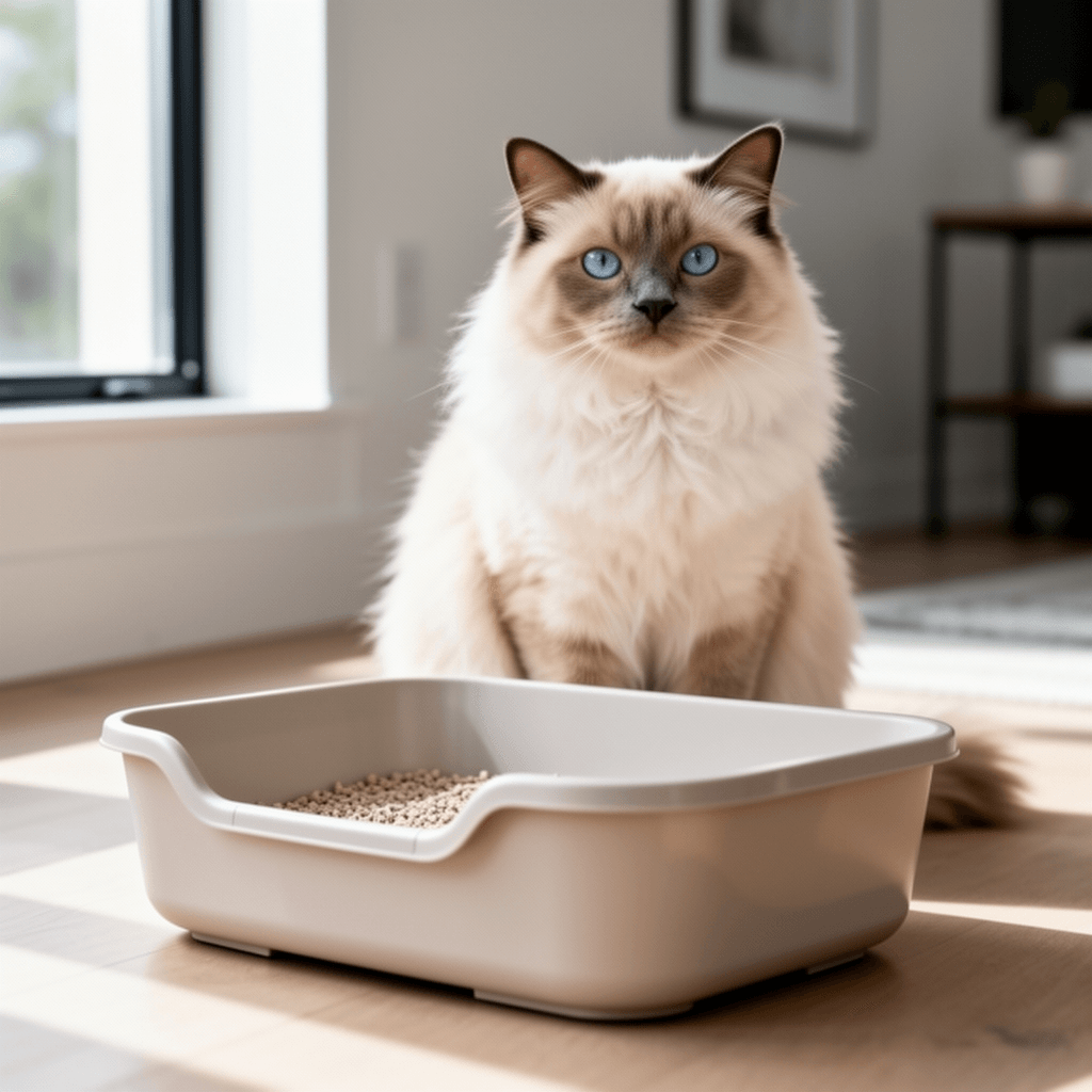 Amazon Basics Large Cat Litter Box with High Sides with cat - professional product lifestyle photo