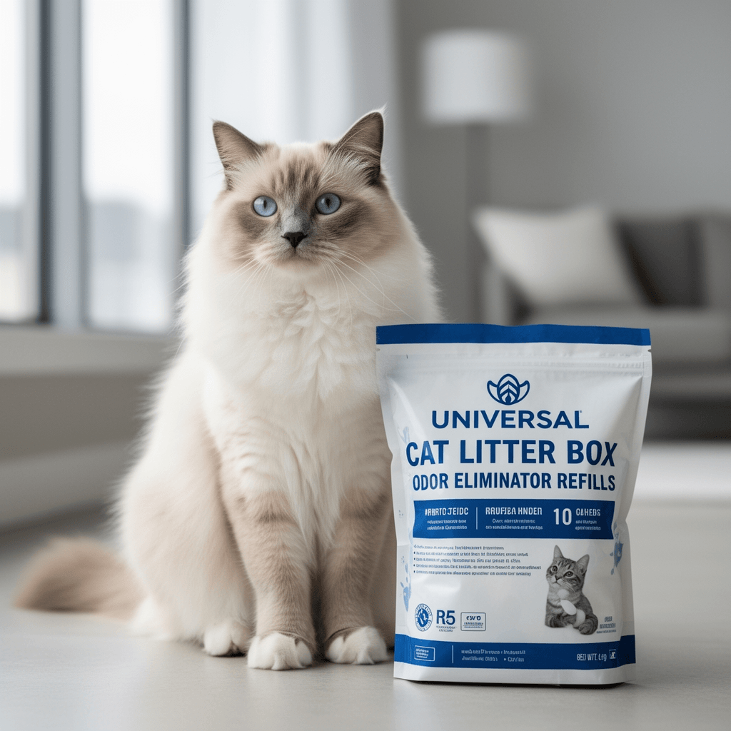 Universal Cat Litter Box Odor Eliminator Refills with cat - professional product lifestyle photo