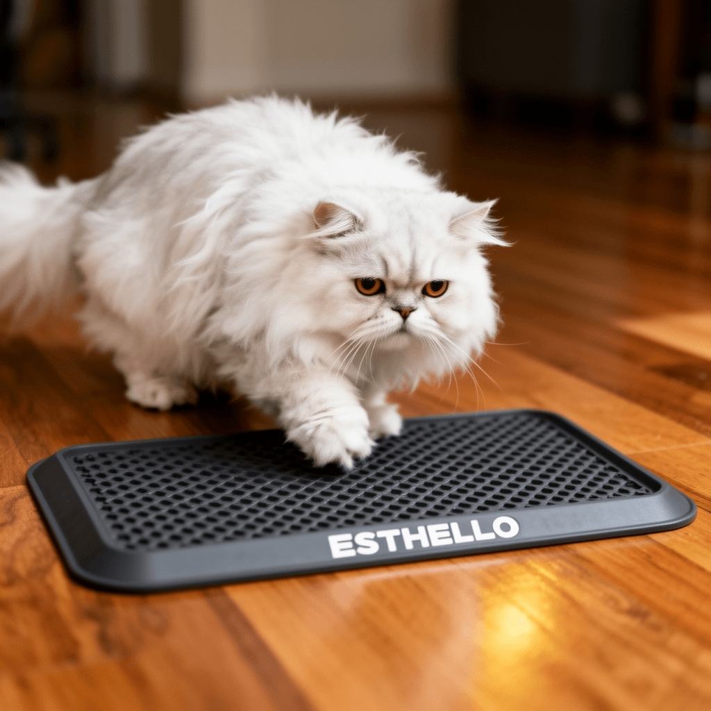 ESTHELLO Cat Litter Mat with cat - professional product lifestyle photo