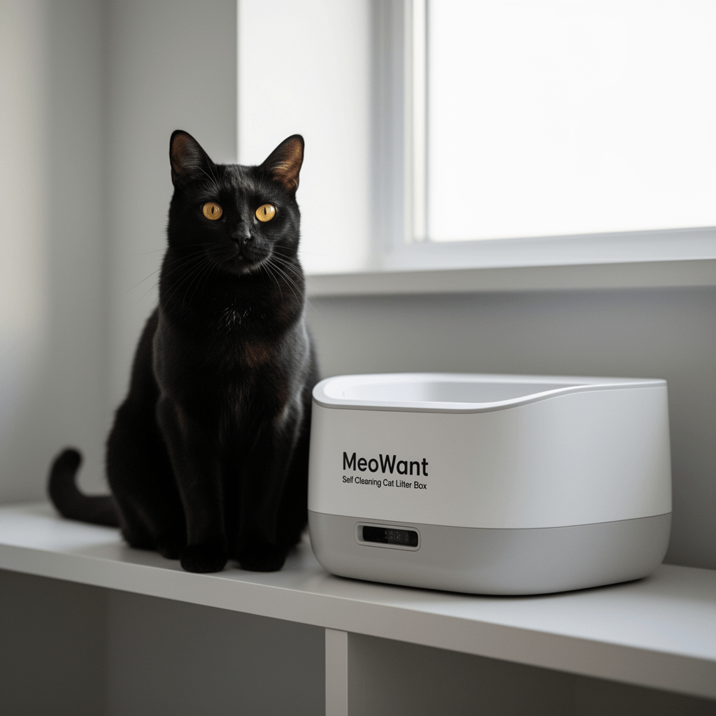 MeoWant Self Cleaning Cat Litter Box with cat - professional product lifestyle photo