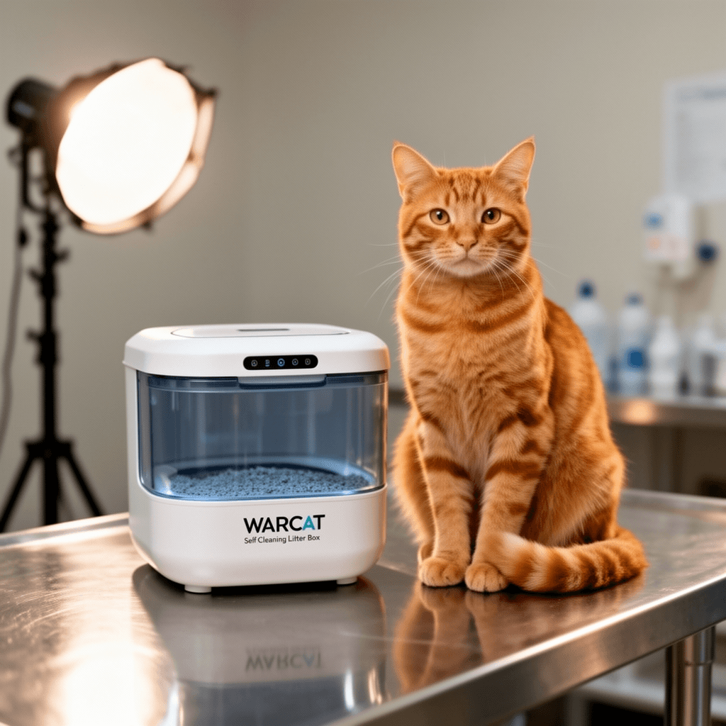 WARCAT Self Cleaning Litter Box Automatic with cat - professional product lifestyle photo