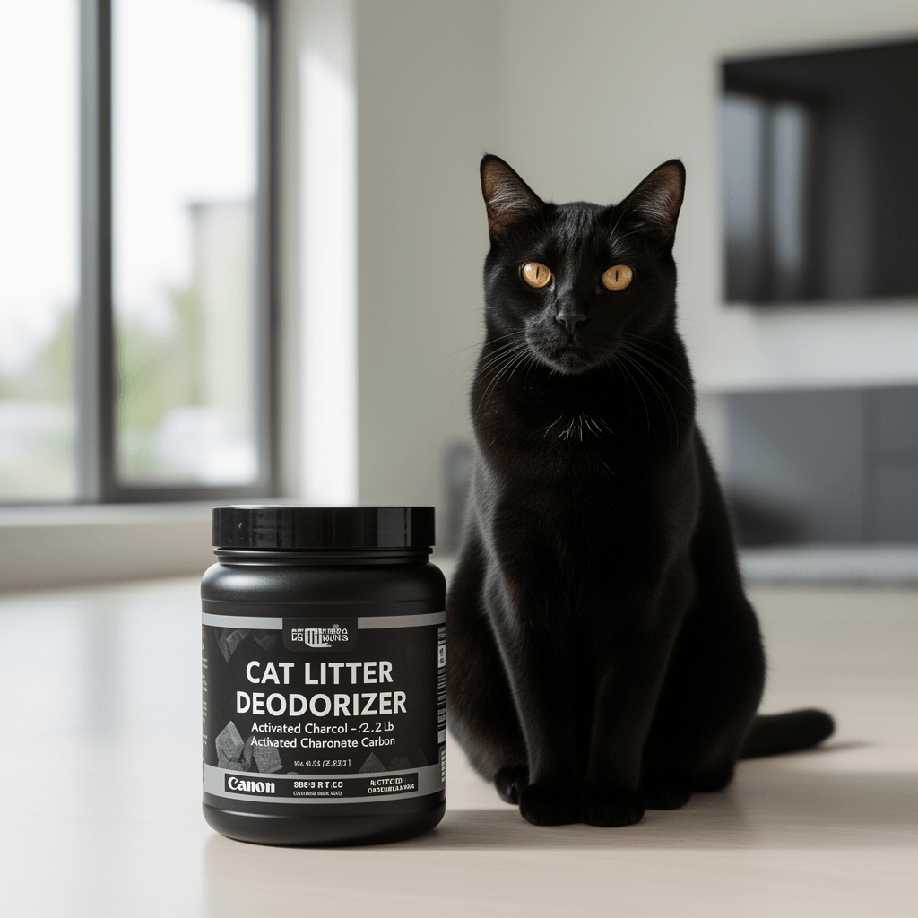 Cat Litter Deodorizer – 2.2 Lb Activated Charcoal Carbon – with cat - professional product lifestyle photo