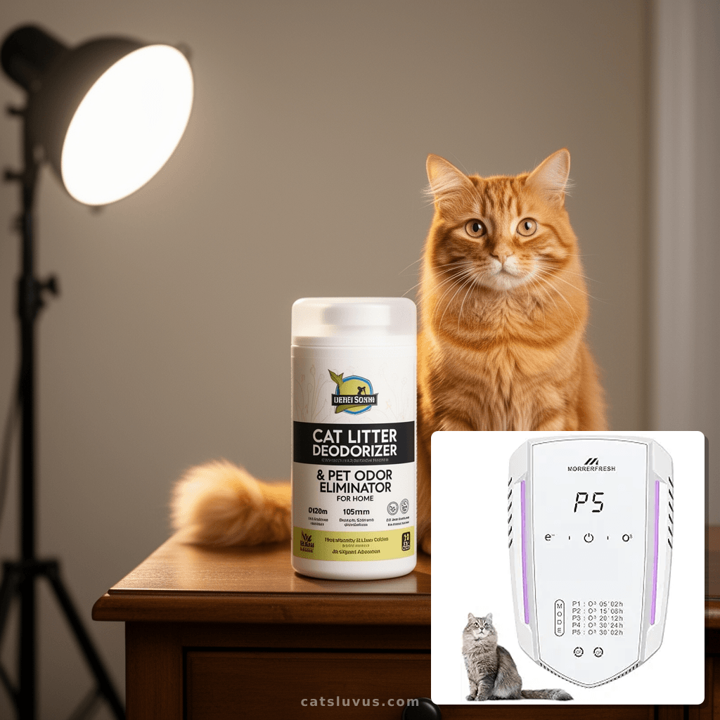 Cat Litter Deodorizer & Pet Odor Eliminator for Home with cat - professional product lifestyle photo