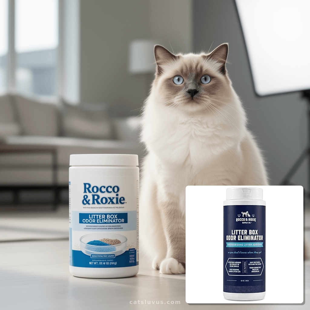 Rocco & Roxie Litter Box Odor Eliminator with cat - professional product lifestyle photo