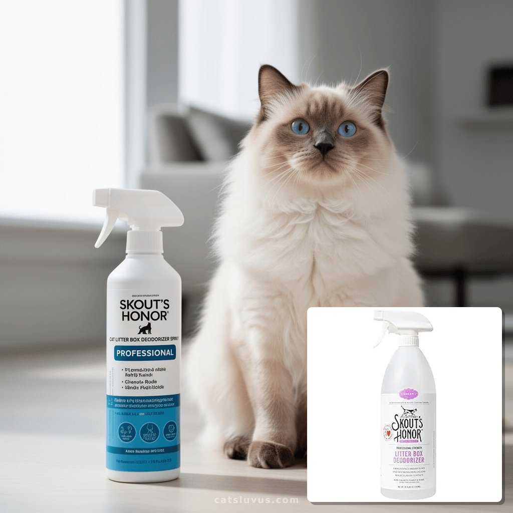 SKOUT'S HONOR Cat Litter Box Deodorizer Spray - Professional with cat - professional product lifestyle photo
