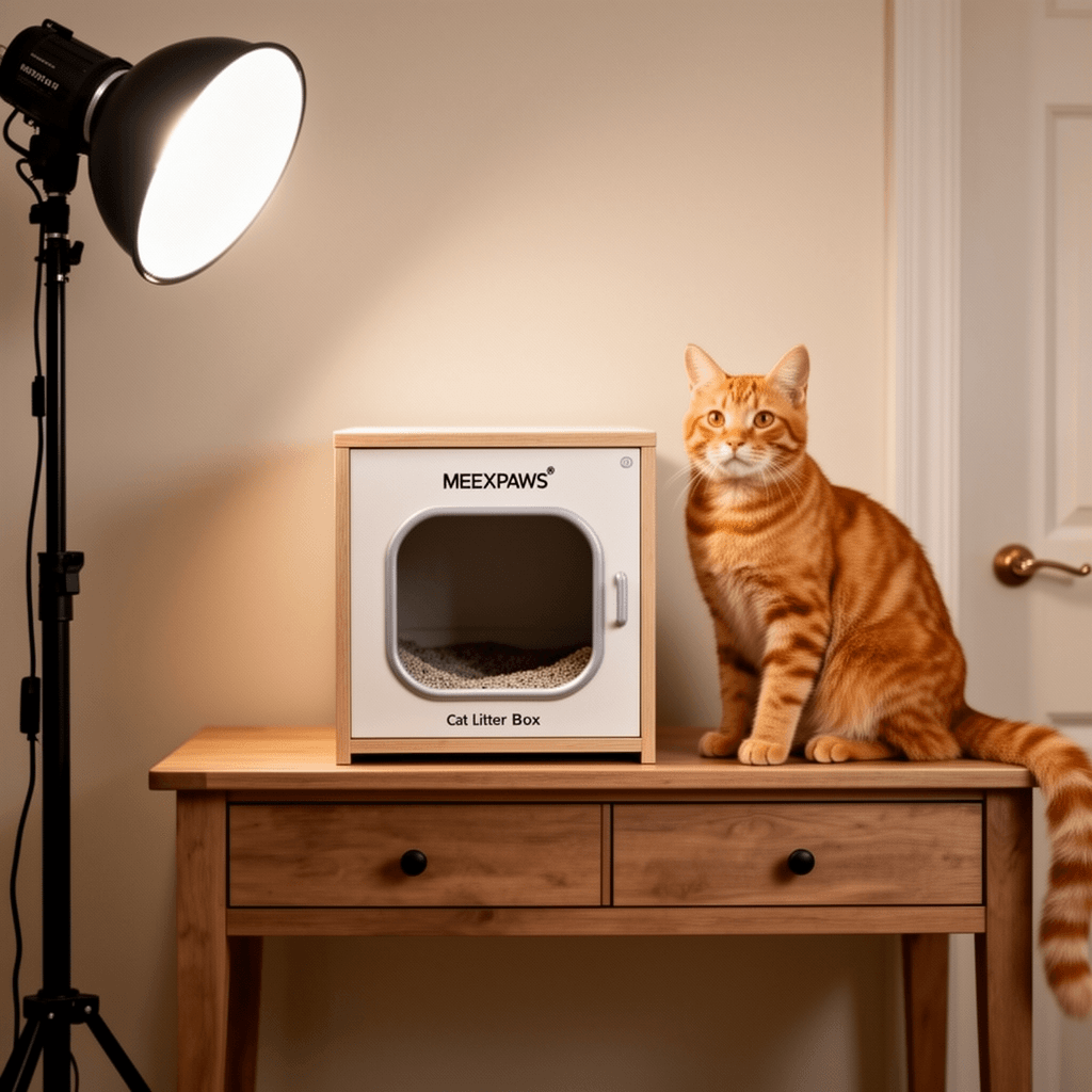MEEXPAWS Cat Litter Box Enclosure Furniture Hidden with cat - professional product lifestyle photo