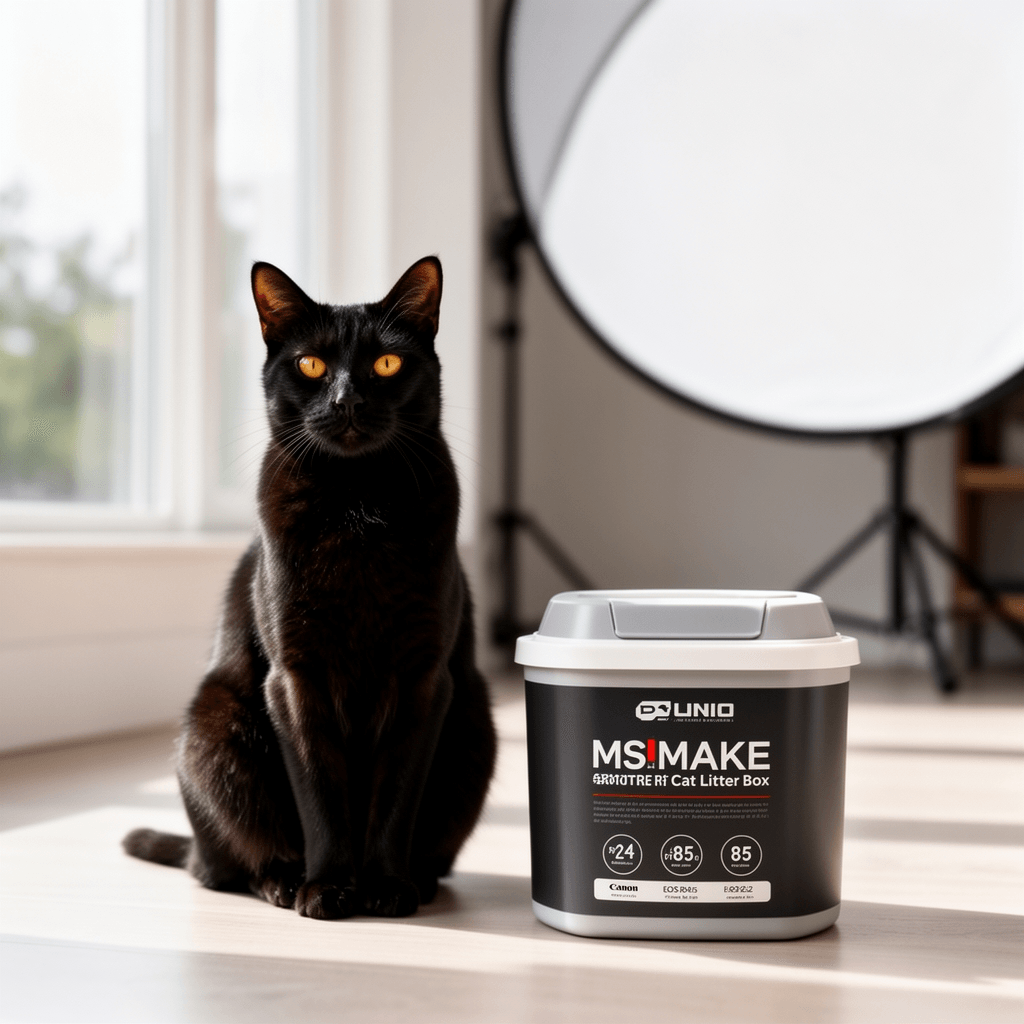 MS!MAKE SURE Cat Litter Box with cat - professional product lifestyle photo