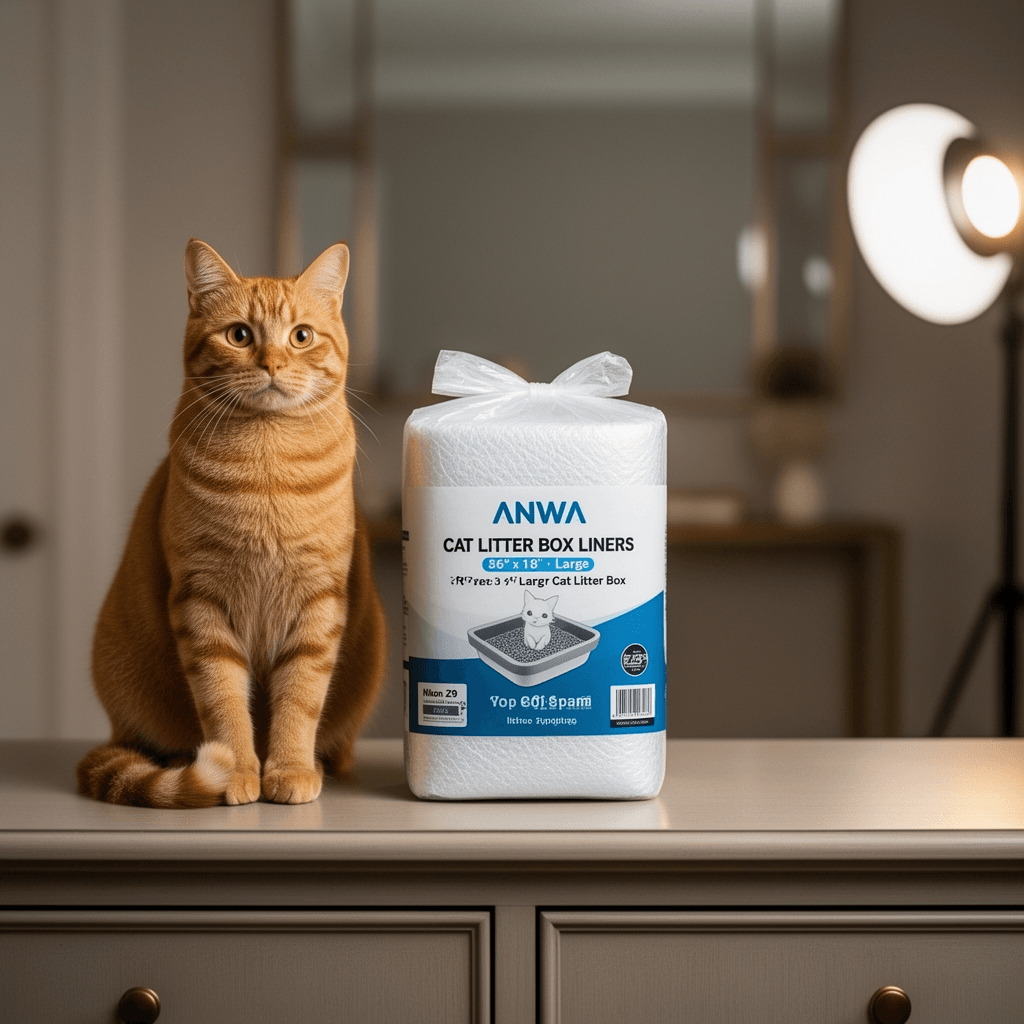 ANWA Cat Litter Box Liners: 36" x 18" Large Cat Litter Box with cat - professional product lifestyle photo