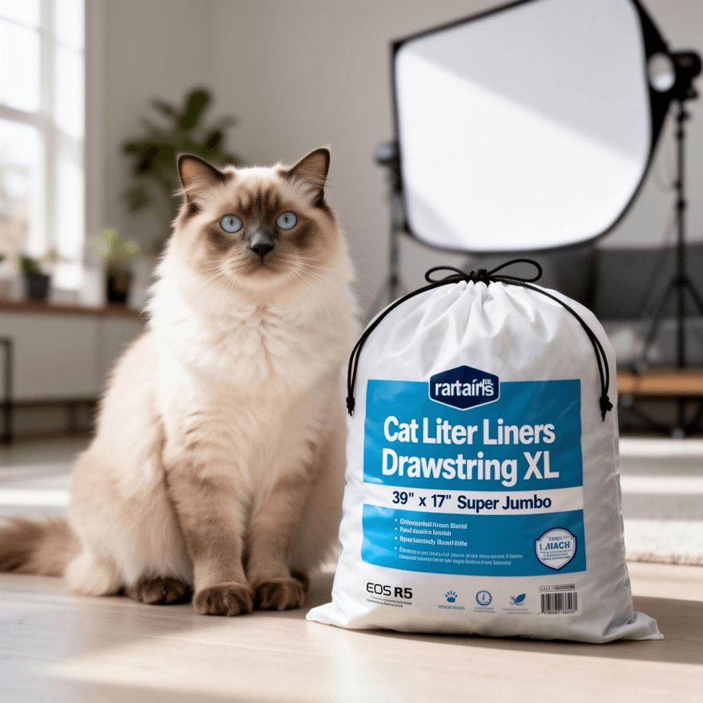 Cat Litter Box Liners Drawstring XL  39" x 17" Super Jumbo with cat - professional product lifestyle photo
