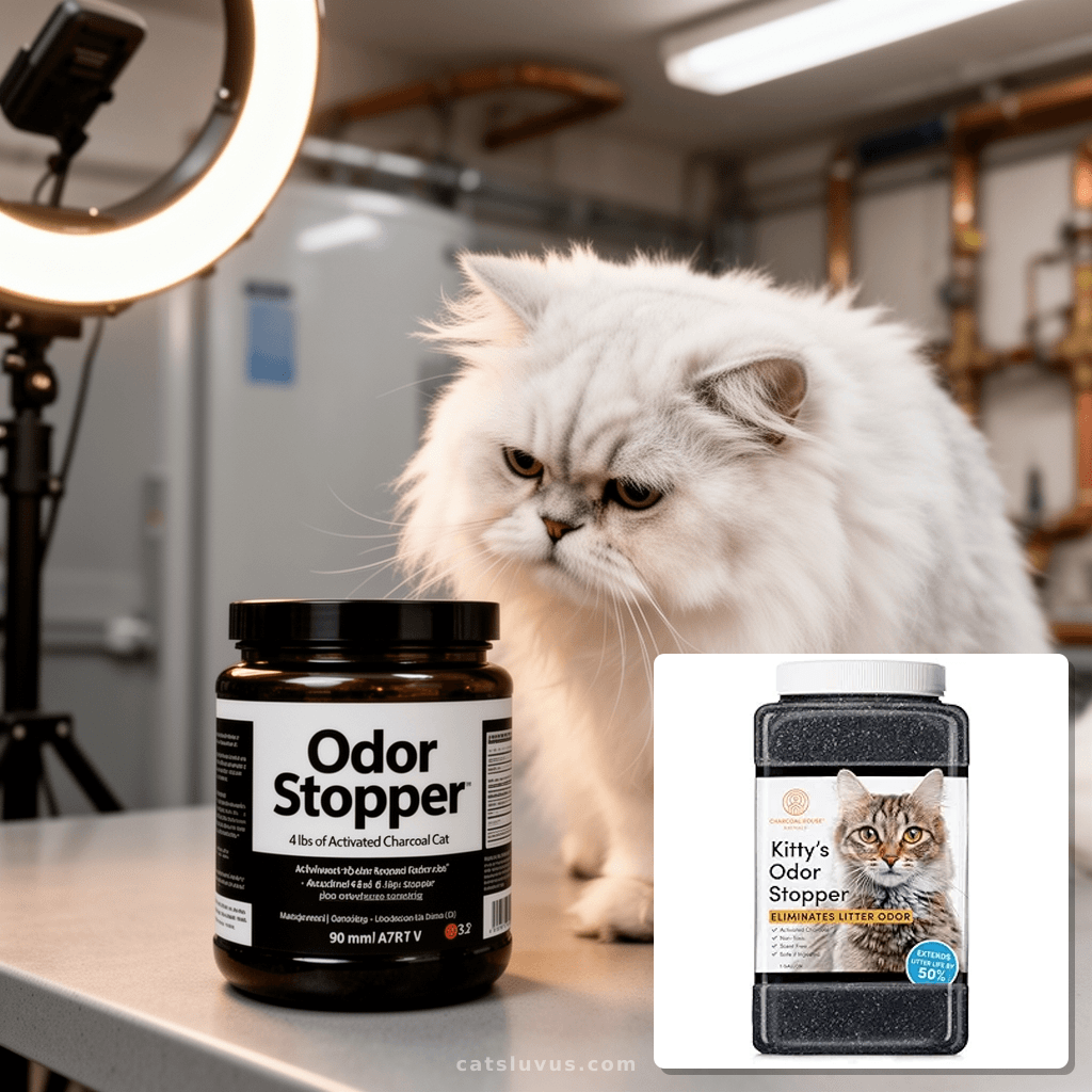 Kitty's Odor Stopper - 4 lbs of Activated Charcoal Cat with cat - professional product lifestyle photo