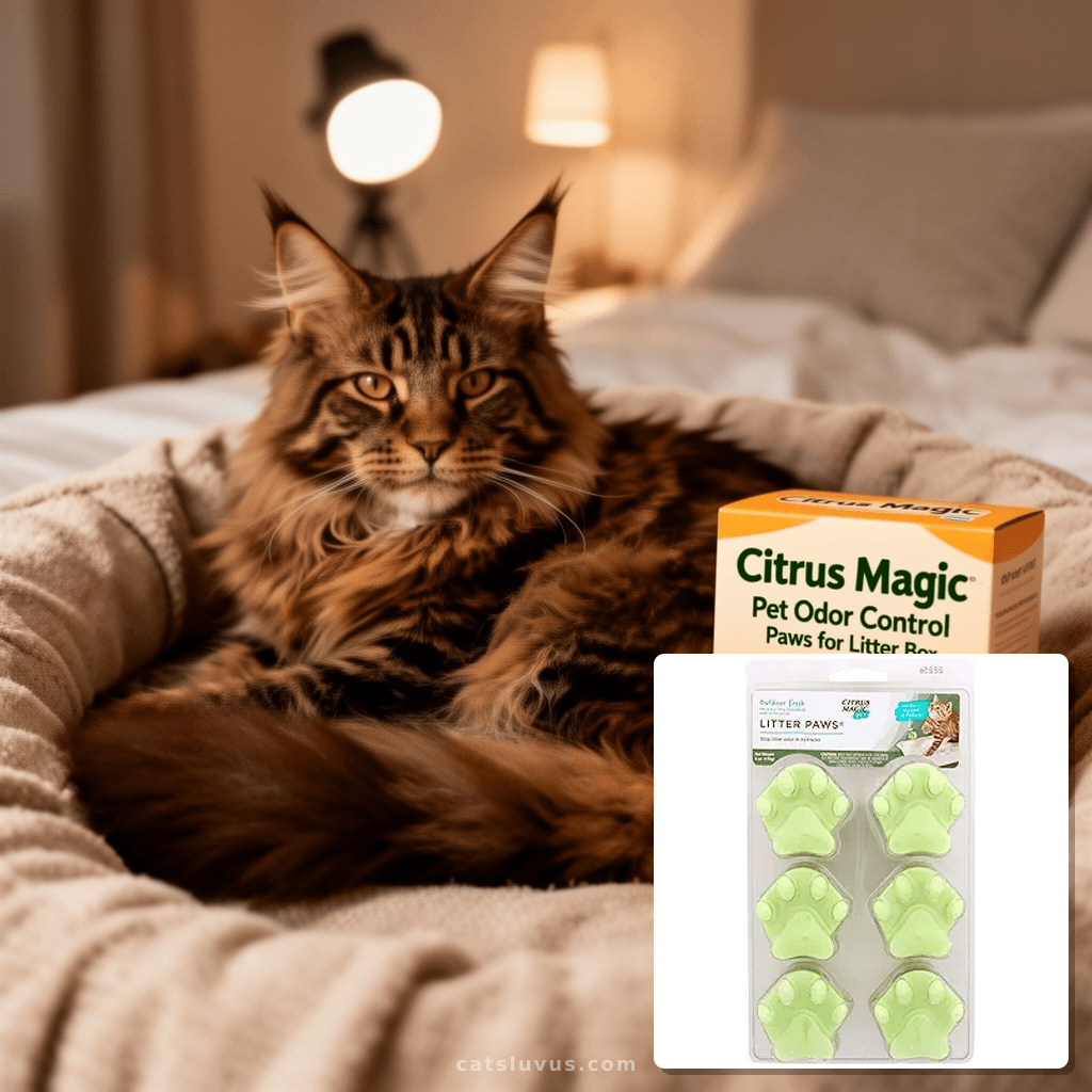 Citrus Magic Pet Odor Control Paws for Litter Boxes with cat - professional product lifestyle photo