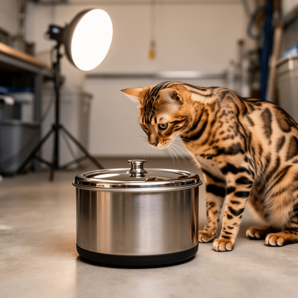Stainless Steel Litter Box with Lid with cat - professional product lifestyle photo