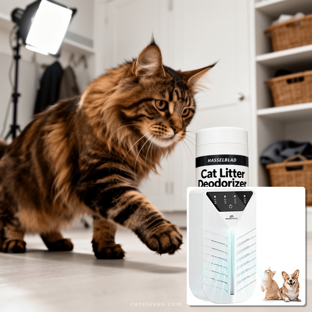 Cat Litter Deodorizer with Activated Charcoal with cat - professional product lifestyle photo