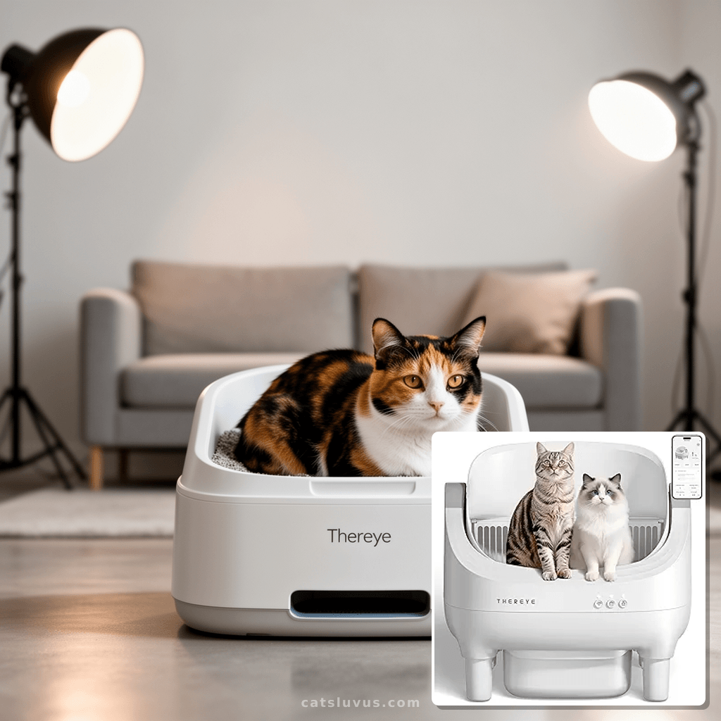Thereye Self Cleaning Cat Litter Box with cat - professional product lifestyle photo