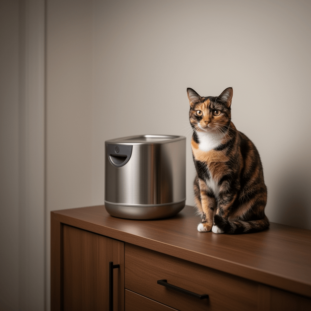 iPettie S01 20L Large Stainless Steel Litter Box with cat - professional product lifestyle photo
