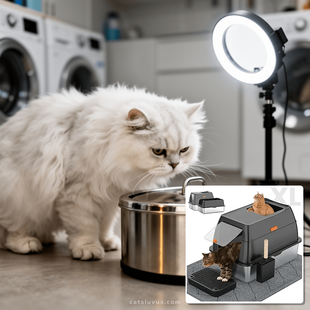 A sleek stainless steel litter box with a lid, shown in a modern living room setting with a cat nearby.