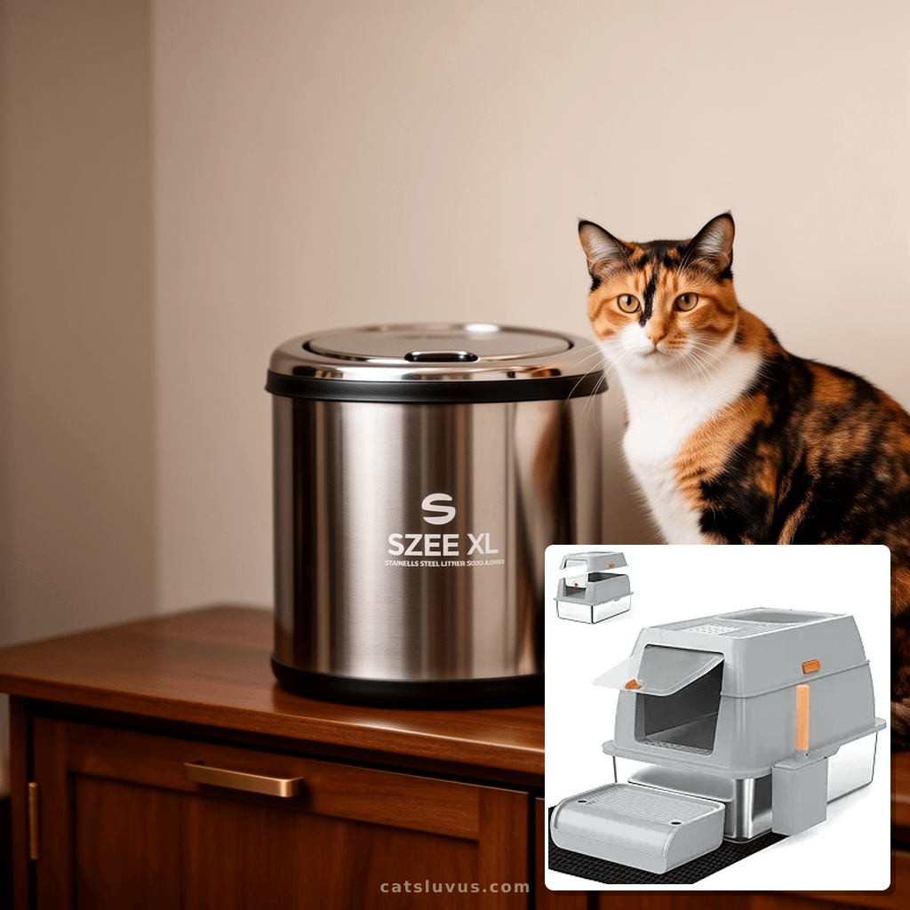 The SZEE XL Stainless Steel Litter Box with its lockable front door, suitable for homes with other pets.