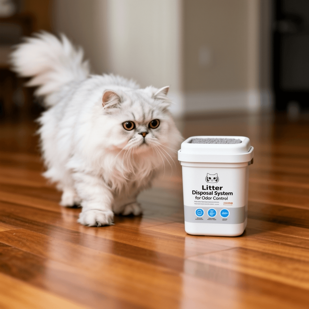 Cat Litter Disposal System for Odor Control with cat - professional product lifestyle photo