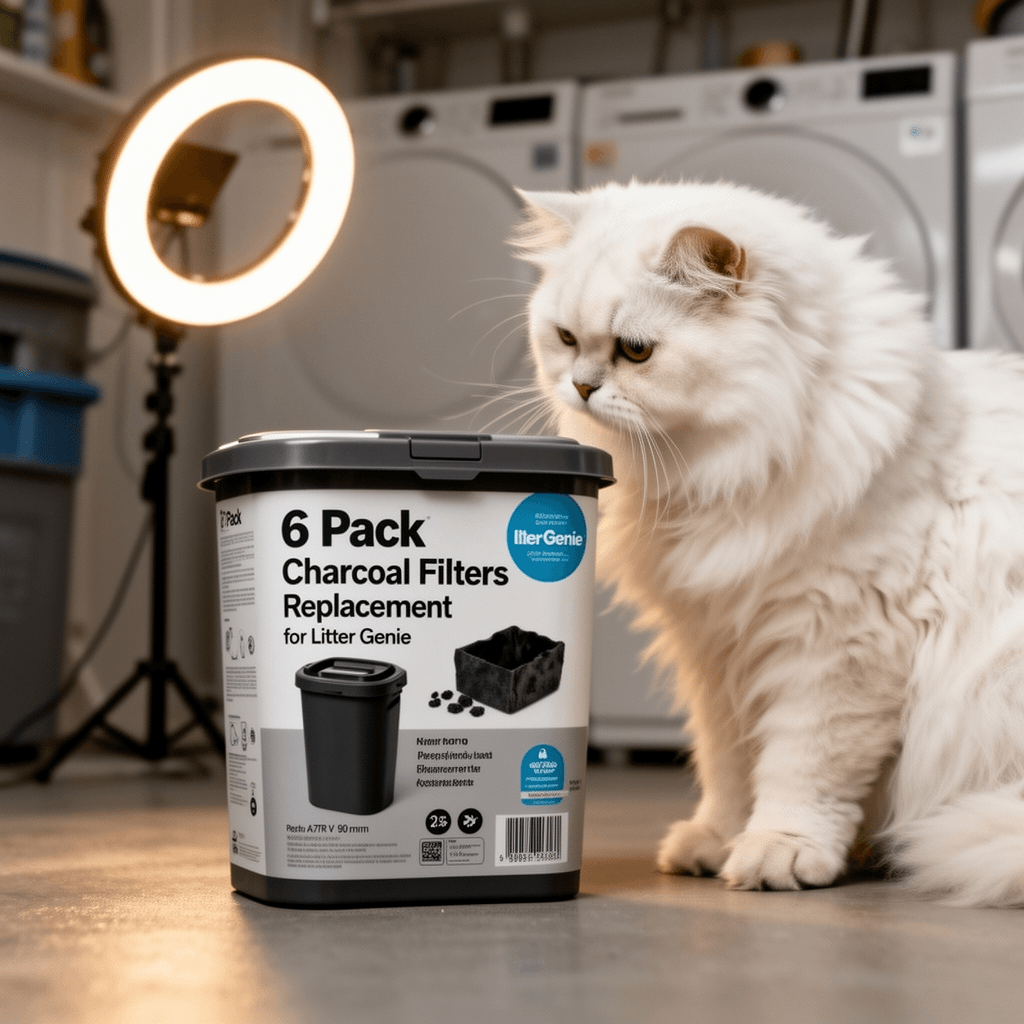 6 Pack Charcoal Filters Replacement for Litter Genie with cat - professional product lifestyle photo