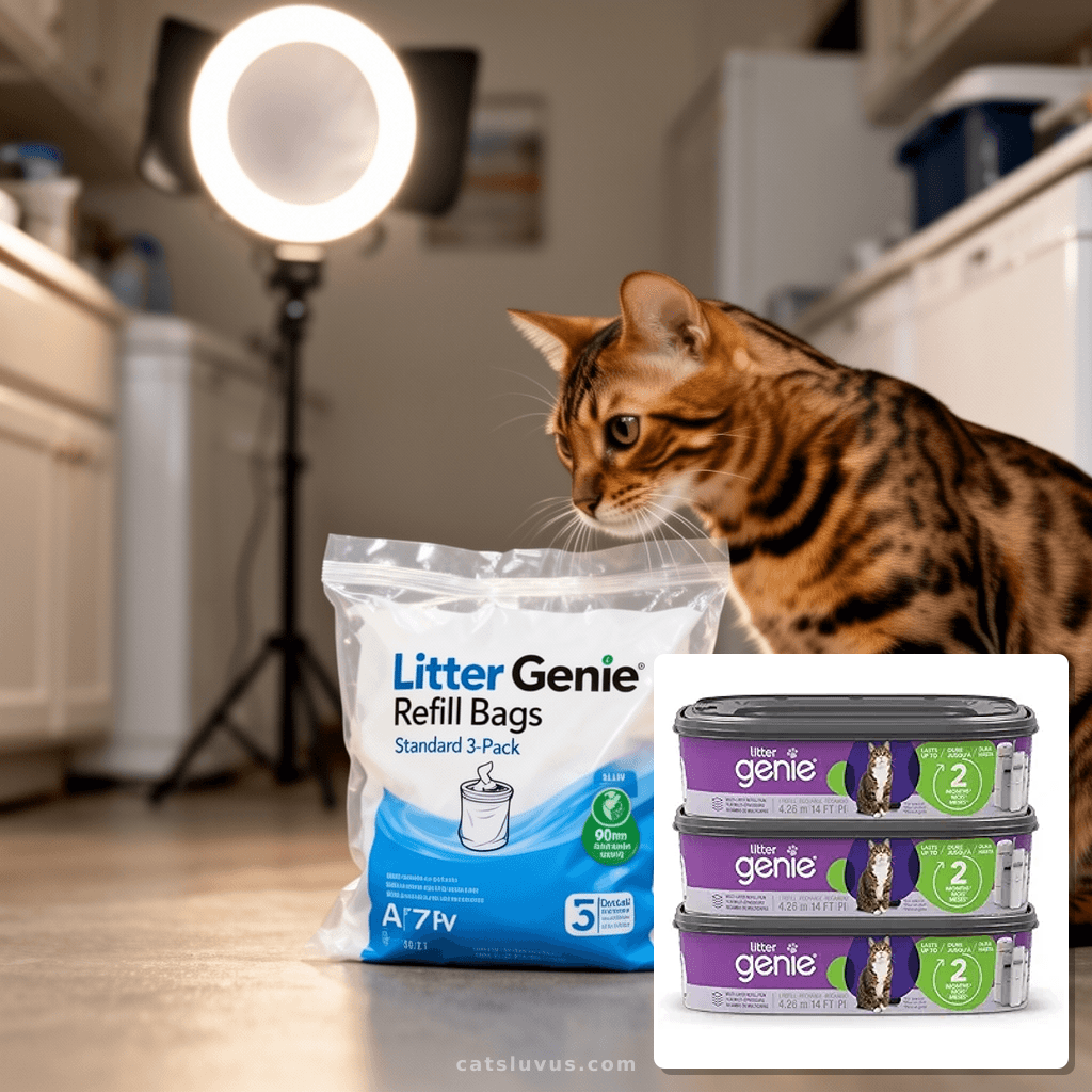 Litter Genie Refill Bags | Standard 3-Pack with cat - professional product lifestyle photo