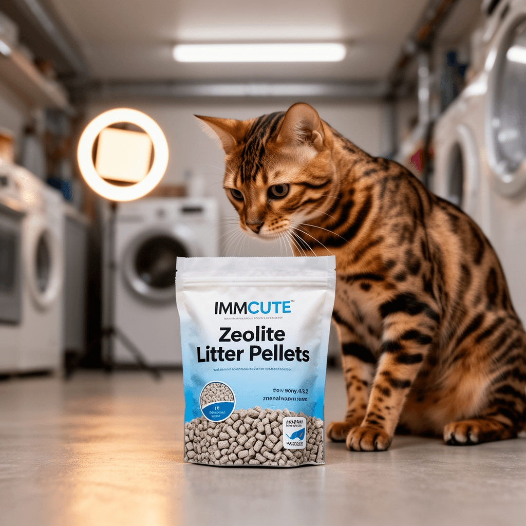 IMMCUTE Zeolite Litter Pellets with cat - professional product lifestyle photo