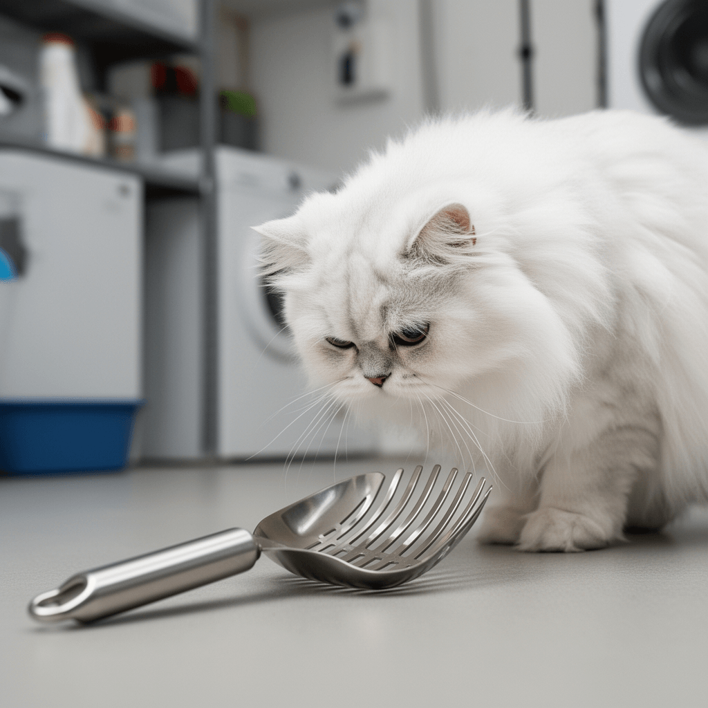 Cat Litter Scoop - Stainless Steel Metal Cat Litter Scoop- with cat - professional product lifestyle photo