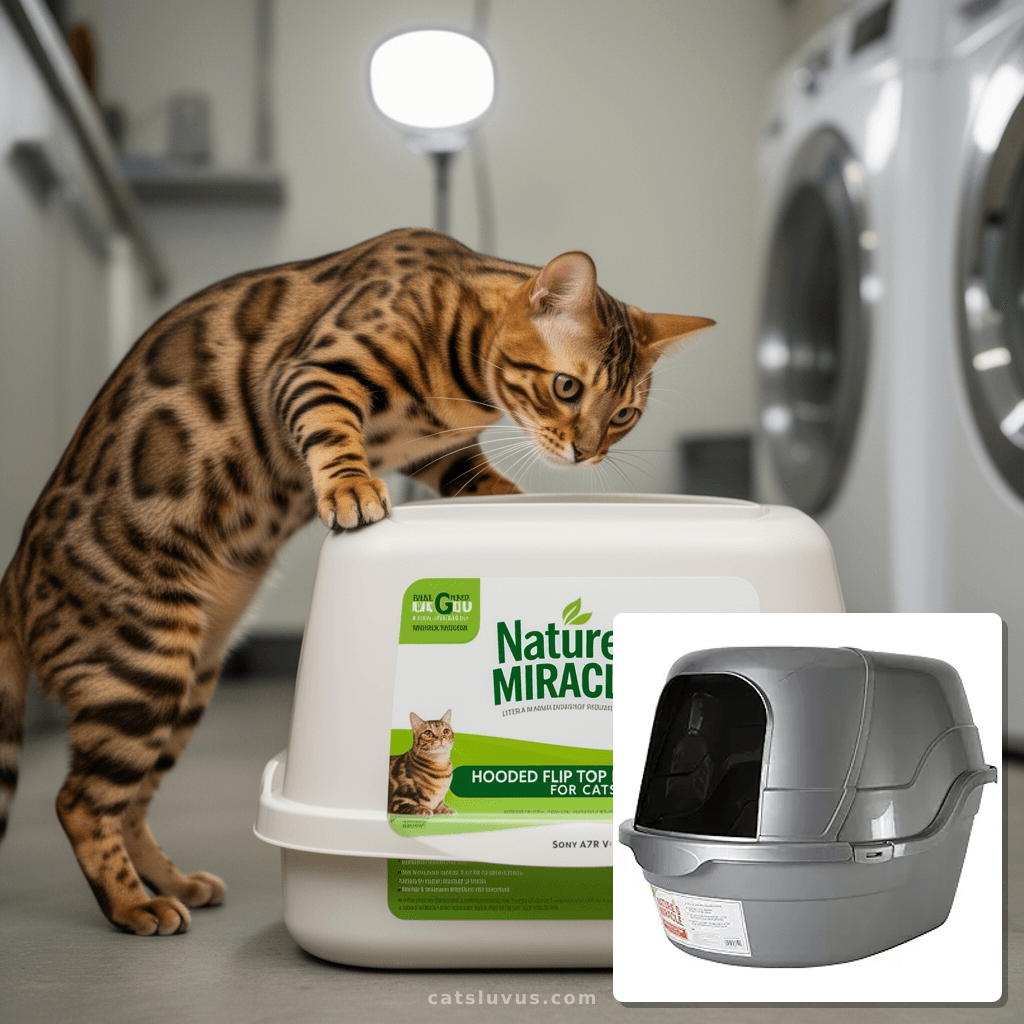 A gray cat emerges from a Nature’s Miracle Hooded Flip Top Litter Box in a well-lit laundry room.