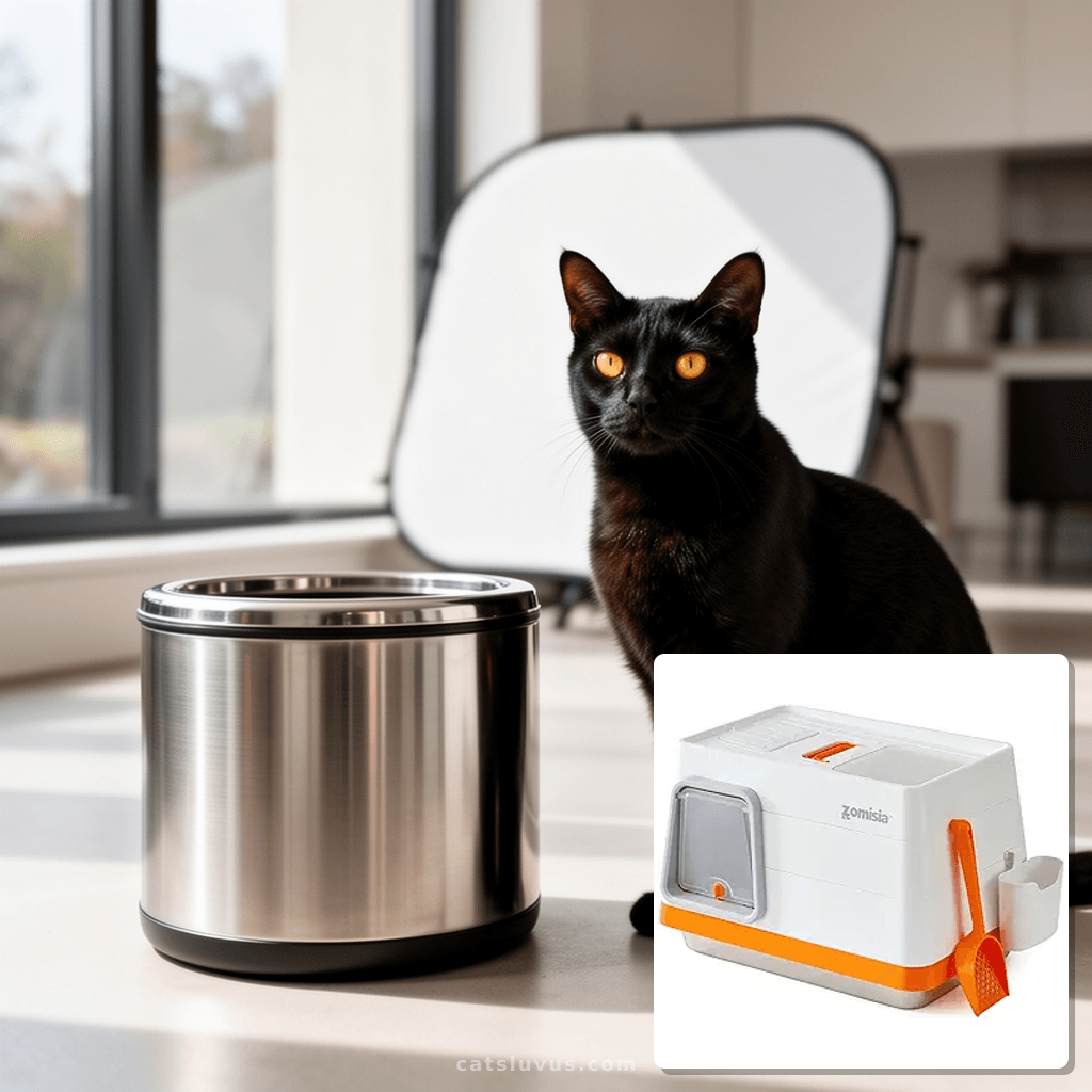 A fluffy Maine Coon cat standing inside the spacious iPrimio Stainless Steel Cat Litter Box.