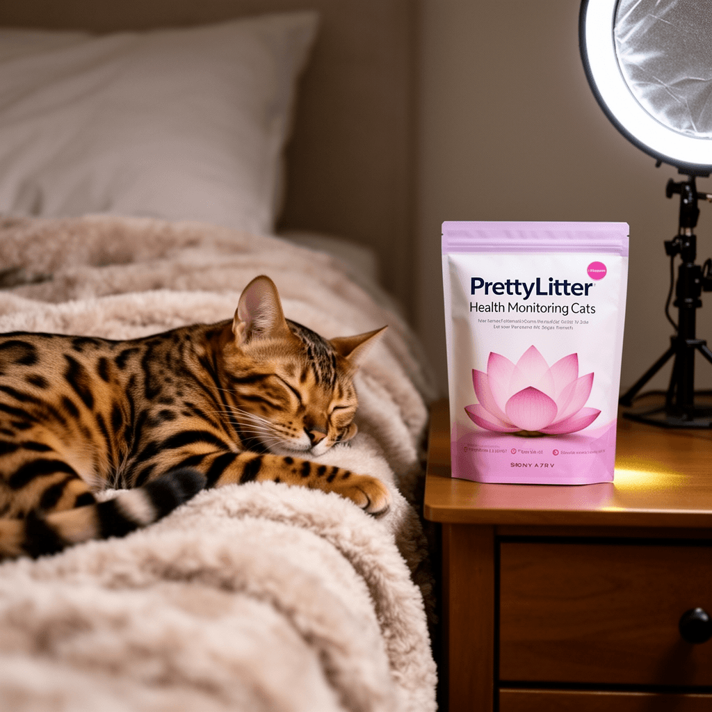 PrettyLitter Health Monitoring Cat Litter (Lotus Flower with cat - professional product lifestyle photo