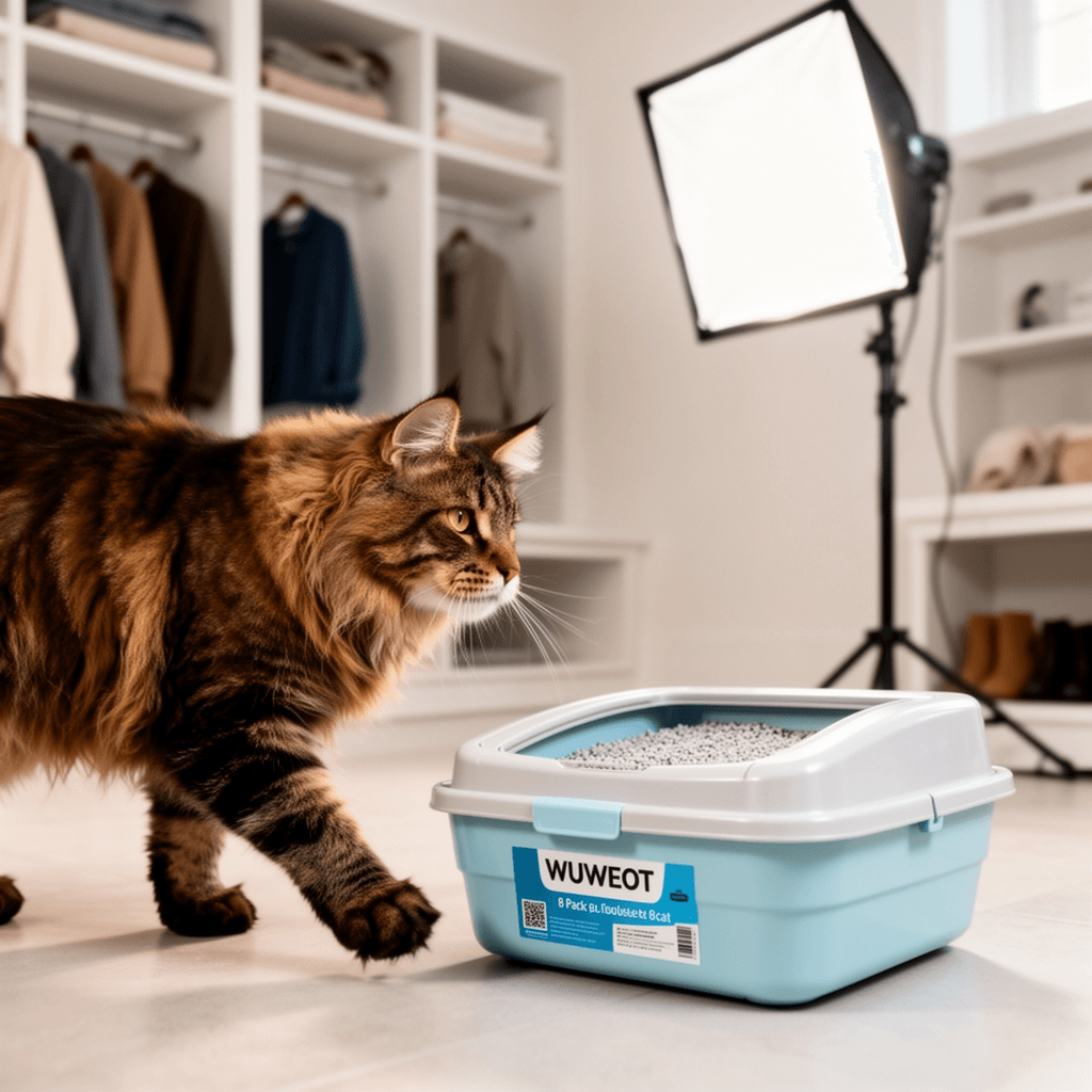 WUWEOT 8 Pack Disposable Cat Litter Box with cat - professional product lifestyle photo